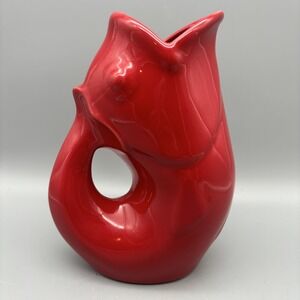 Original Gurgle Pot Fish Pitcher  Stoneware Ceramic 9"  Red 2006